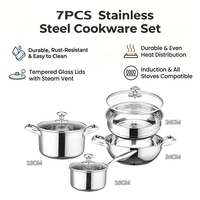 Ensemble de 7 casseroles en acier inoxydable inductives avec cuiseur vapeur et couvercles en verre trempé