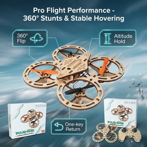 Kit de drone RC en bois, jouets éducatifs STEM à construire avec fonction 360° °   Quadricoptère 2.4G pour enfant avec figures acrobatiques, maintien d'altitude et retour automatique - Product Image 2