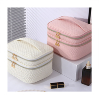 Bolsa de Cosméticos de Gran Capacidad de Cuero PU, Organizador de Maquillaje de Doble Capa con Asa y Cierre, Bolsa de Aseo para Viaje