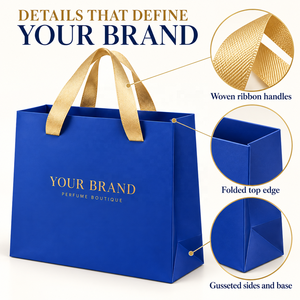 Sac cadeau en papier pour parfum imprimé sur mesure avec logo, poignées en ruban, emballage de luxe pour boutique de parfums, vente en gros - Product Image 3