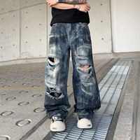 Jeans unisexe déchiré et délavé à taille mi-haute, coupe large, bords effilochés, style streetwear, plusieurs tailles, bleu