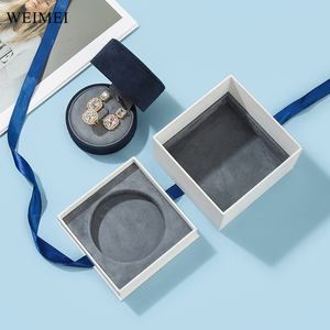 Luxury Blue Velvet White Paper Cylinder Jewelry Packaging <b>Box</b> with Ribbon for Wedding Ring Necklace <b>Earrings</b> - Product Image 2