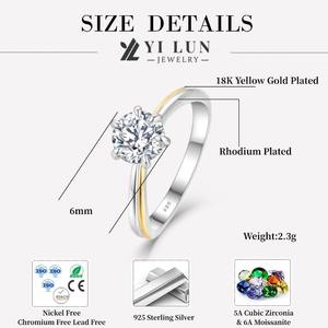 Elegante anillo de compromiso solitario de moissanita de Plata de Ley 925 6A con chapado en oro y chapado en rodio - Product Image 6