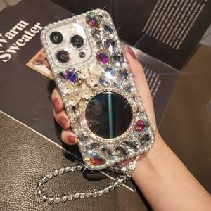 Étui de téléphone de luxe en perles et strass pour <span class=keywords><strong>Samsung</strong></span> S25 S24 S23 S22 Ultra avec miroir intégré et chaîne en cristal détachable - Product Image 5