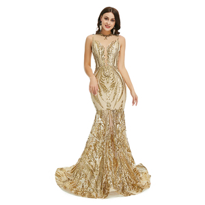 Sexy da donna con scollo rotondo senza maniche gonna trasparente con motivo a sirena abiti da sera in pizzo nero dorato - Product Image 6