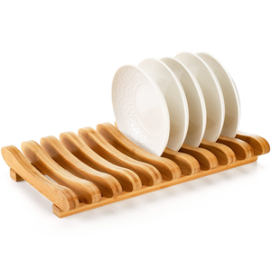 Escurridor de Platos Plegable Moderno de Bambú con 10 Ranuras, Soporte para Tapas de Ollas, Organizador de Almacenamiento para Cocina - Product Image 2