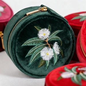 Custom Luxury Floral Embroidered Round Velvet Jewelry Travel <b>Box</b> Jewelry <b>Box</b> Embroidery Blank - Product Image 3