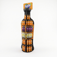 Présentoir de boissons personnalisé à emboîtement – Support de sol multi-niveaux en forme de bouteille avec panneau signalétique pour boissons et sodas