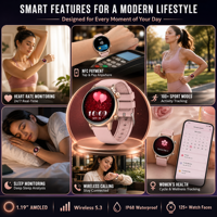 Montre connectée NFC pour femmes, écran AMOLED 1,19 pouces, moniteur de fréquence cardiaque, SpO2, suivi du cycle menstruel, moniteur de sommeil, étanche IP68, appels sans fil
