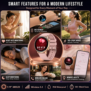 Montre connectée NFC pour femmes, écran AMOLED 1,19 pouces, moniteur de fréquence cardiaque, SpO2, suivi du <span class=keywords><strong>cycle</strong></span> <span class=keywords><strong>menstruel</strong></span>, moniteur de sommeil, étanche IP68, appels sans fil - Product Image 3