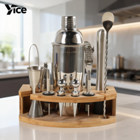 Ensemble de mélangeurs Boston de haute qualité avec support de présentation en bambou, kit de barman professionnel en acier inoxydable, ensembles de bar haut de gamme, compatibles lave-vaisselle