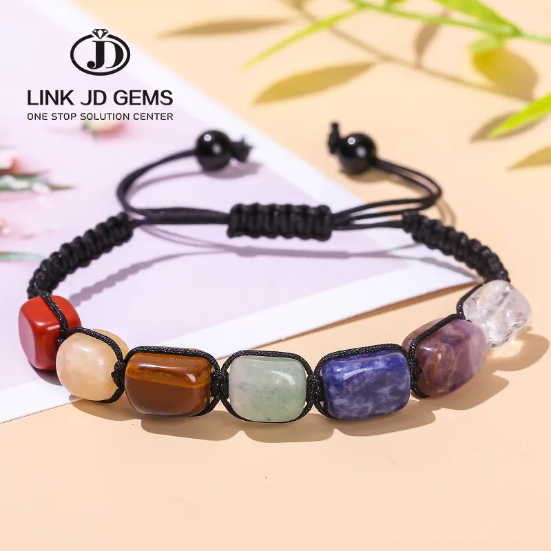 JD Piedras Naturales Equilibrio Cuentas Trenzadas Ajustable Brazalete Joyería Regalo Siete Chakras Cuentas Cuadradas Pulsera Trenzada