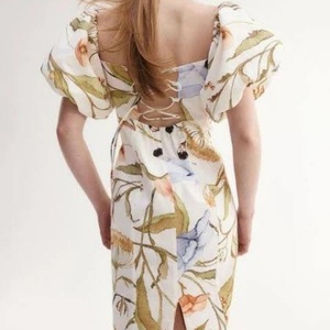 Vestido floral estampado para mujer, manga corta abullonada, cuello en V, espalda con cordones, estilo vintage, para fiesta, ropa de calle, vestido de verano - Product Image 2