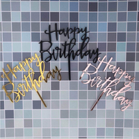 Neues Design Schlichter Schriftzug „Happy Birthday“ Acryl-Kuchenaufsatz in Gold, Roségold, Silber, Schwarz, Blau, Pink – Tortendekoration