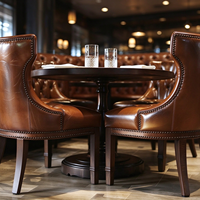Meubles de restaurant commerciaux, chaise de salle à manger en cuir brun vintage capitonnée, table ronde en bois massif pour bistrot, café, hôtel