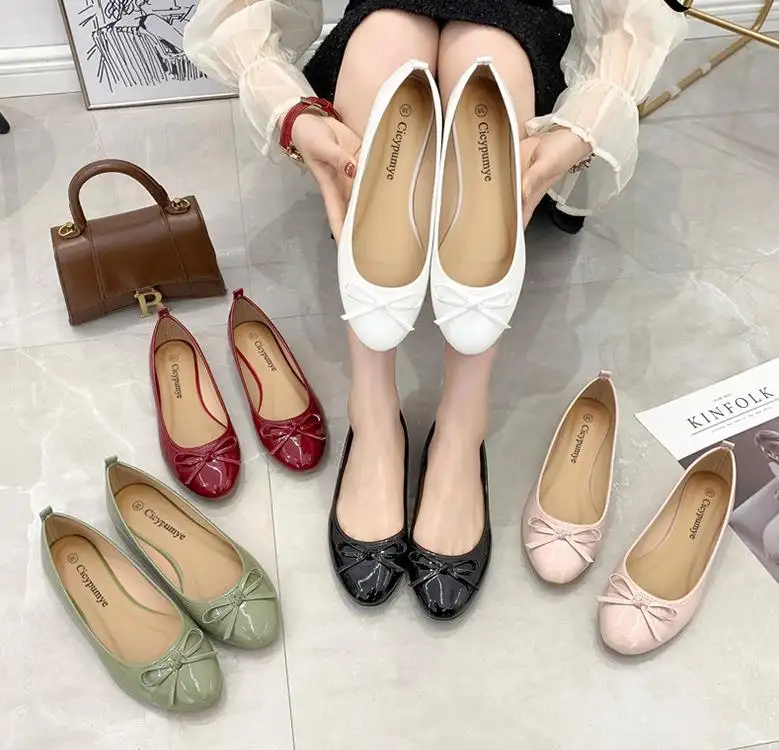 2022 new cheap female Ballet shoes ladies pu leather flats women's bowknot casual fashion dress shoes