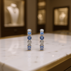 E3808 Orecchini a cerchio in oro bianco con occhio blu e montatura in cristallo per donna, gioielli classici alla moda - Product Image 2