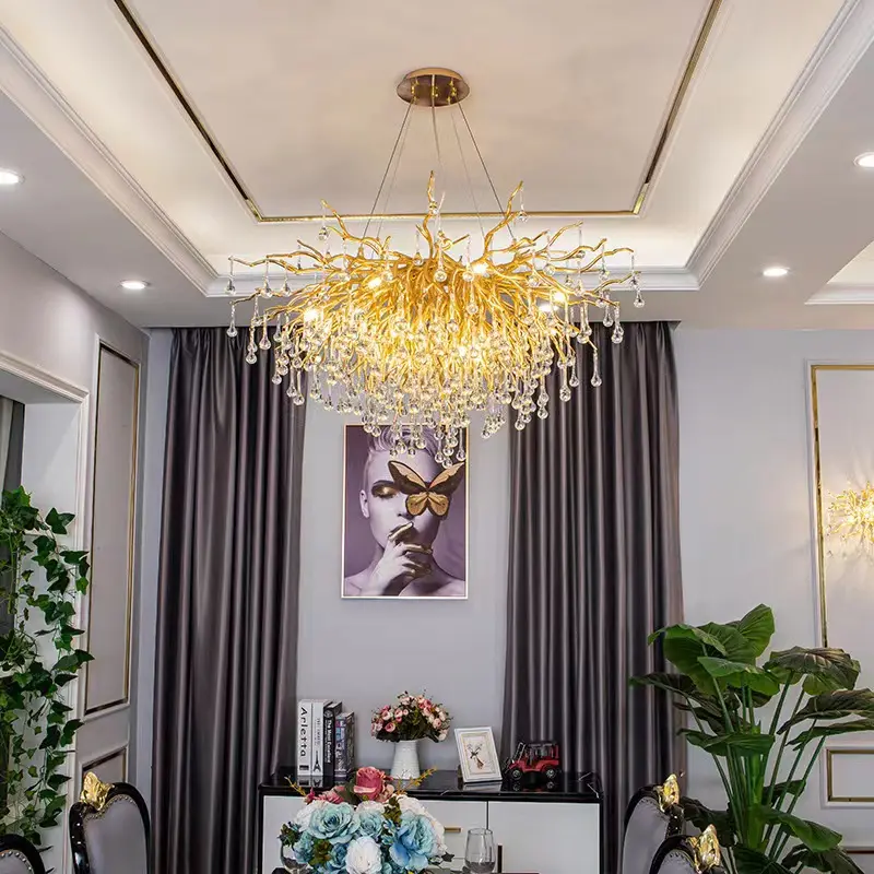 Popular 80cm Round Shape Living Room Dinner Room Bedroom Branches Gold Color Water Drop Crystal Chandelier