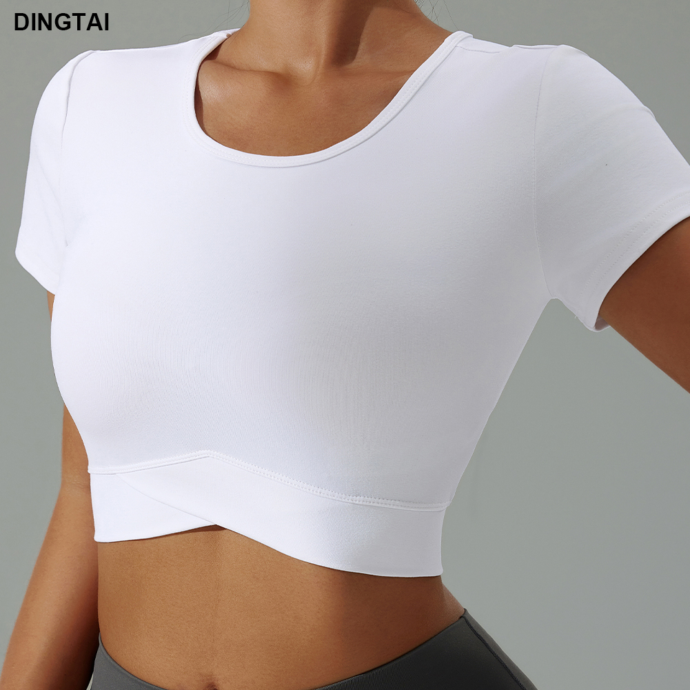 Women's Trendy Slim Fit Short Sleeve Crop Tops Front Cross Yoga Workout Basic Tees Breathable Camisole Plus Sizes New Short