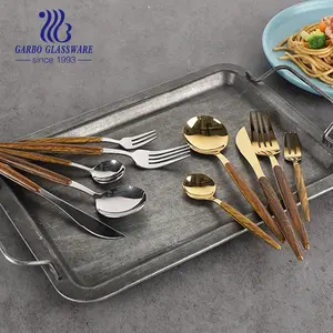 ABS塑料手柄木制设计镀金PVD不锈钢餐具套装430(18/0) 餐叉勺刀平具厂
