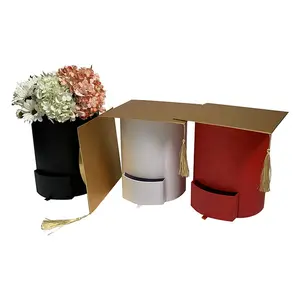Low MOQ round shape Graduation Flower paper Box with gold Doc cap
