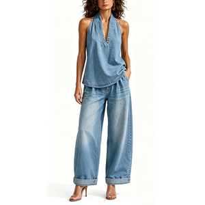 Ensemble <span class=keywords><strong>en</strong></span> <span class=keywords><strong>jean</strong></span> col halter pour <span class=keywords><strong>femme</strong></span>, haut <span class=keywords><strong>en</strong></span> V et pantalon large, style rétro, vente <span class=keywords><strong>en</strong></span> gros pour fabricants de vêtements - Product Image 1