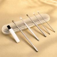 Kit professionnel de 6 cure-oreilles en acier inoxydable durable, écologique, pratique et portable, avec outil de retrait de cérumen à ressort spiralé