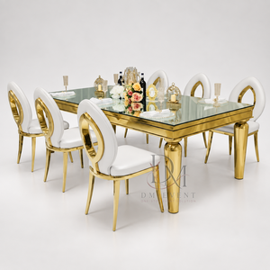 Table de salle à manger rectangulaire élégante en acier inoxydable doré avec plateau en verre miroir et pieds effilés arrondis pour l'approvisionnement de projets hôteliers et de banquets - Product Image 3