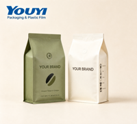 Sacs à café à fond plat imprimés sur mesure avec valve, emballage alimentaire recyclable pour grains de café