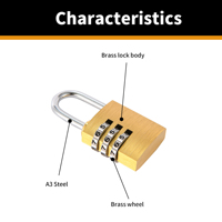 Cadenas à combinaison à 3 chiffres en laiton massif, mini cadenas à code réinitialisable en laiton, pour bagages de voyage, sac à dos, casier de gym, armoire