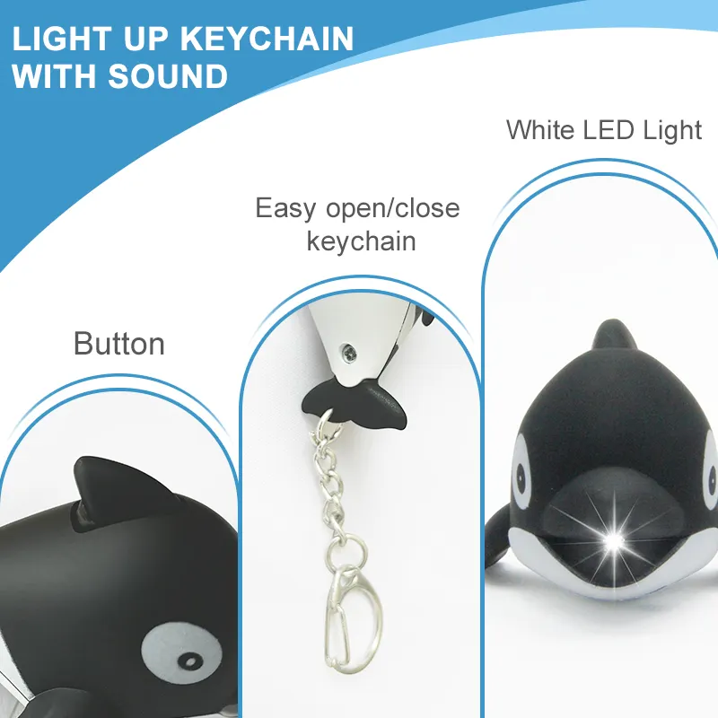 흑백 만화 고래 LED 사운드 발광 손전등 키 체인 사용자 정의 cob led 키 체인