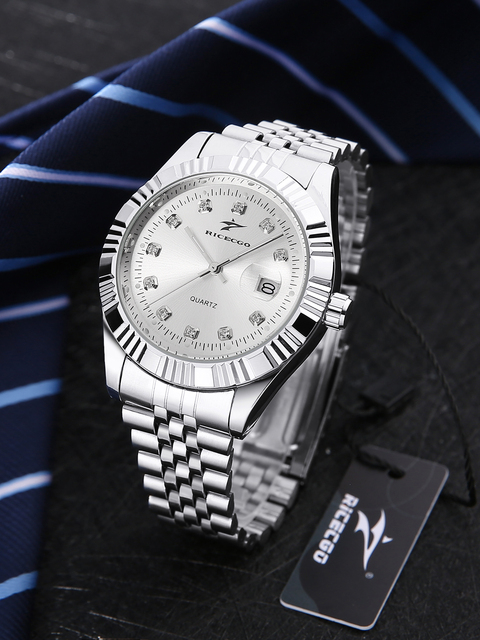 Luxury Men's Steel Quartz Watches with Luminous Rhinestone Accents Date Feature Classic Strap Wristwatch