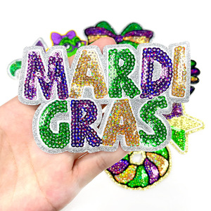 Wholesale Sell Large Mardi Gras Glitter Bow <b>Letter</b> Mask Sequin Chenille Patches Carnival Custom Sequin Patch Iron <b>On</b> Clothing - Product Image 5