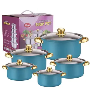Ensemble de cinq pièces chaudes de commerce extérieur de casseroles de cuisine en acier inoxydable casseroles en fonte bleue poignée en or