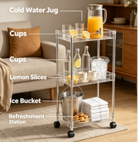 Chariot de rangement à 3 niveaux transparent sur roulettes, organisateur mobile pour entrée avec patères intégrées pour les fournitures quotidiennes à la maison