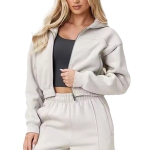 Sudadera con capucha de diseño casual para mujer, de algodón polar con cremallera, corte corto, estilo urbano, lisa y personalizable - Product Image 1