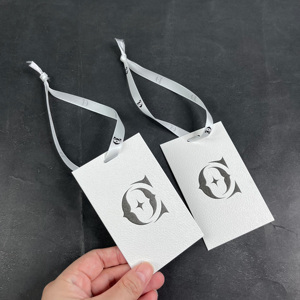 Luxury Embossed Paper Tags - Custom Printed Cotton Texture Clothing Tags with Satin Ribbon <b>String</b> - Product Image 2