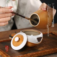 Service à thé artisanal texturé brûlé, vaisselle en bambou massif de qualité supérieure, ensemble cadeau de thé unique héritage oriental