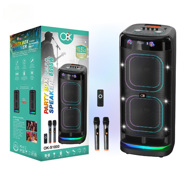Outdoor Party Speaker 100W 5.3 Dual 10 Inch Guitar Input with 2 Wireless Mics TWS Stereo RGB LED Remote