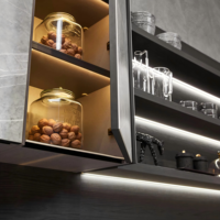 Meubles de cuisine modulaires modernes avec îlot central, bar à petit-déjeuner, portes vitrées, design écologique, finition gris pierre pour salle à manger