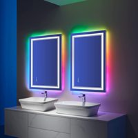 Miroir de salle de bain LED rectangulaire avec rétroéclairage RGB, halo frontal, commande tactile pour coiffeuse double vasque, vente en gros, intelligent et moderne
