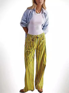 Nueva moda mujer pantalones holgados cordón cintura pierna ancha pantalones a rayas múltiples bolsillos pantalones piel agradable gran oferta S M L - Product Image 2