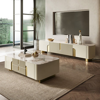 Support TV et table basse en bois crème avec cadre en acier inoxydable marbre minimaliste moderne avec rangement pour meubles de salon