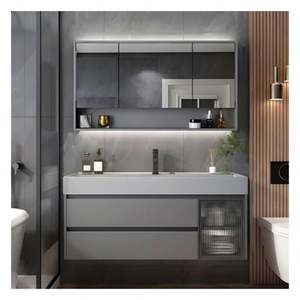 Custom High End Flat Panel Grey Lacquered Bathroom Vanity with Glass <b>Door</b> Panel and Integral Basin Design - Product Image 1