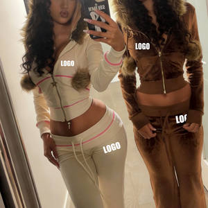 Abbigliamento Autunno Inverno Y2k per Donne, Ultimo Design all'Ingrosso, Set Due Pezzi con Felpa con Cappuccio in Pelliccia e Zip e Pantaloni Dritti per Signore - Product Image 1