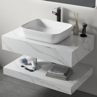 Meuble-lavabo mural de salle de bain au design moderne, vasque en marbre flottante avec miroir LED et armoire pour usage domestique