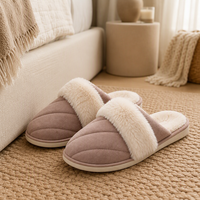Pantoufles mules matelassées avec bande en peluche, couleur taupe, pour l'intérieur, hiver, chaussures de maison
