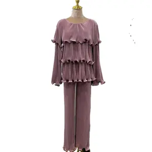 Muslim Dubai Turkish Ladies Elegant simple solid color delicate pressed ruffled top + wide-leg pants two-piece set