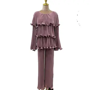 Ensemble deux pièces musulman Dubai Turc Ladies Elegant simple couleur unie délicate pressé à volants + pantalon large - Product Image 1