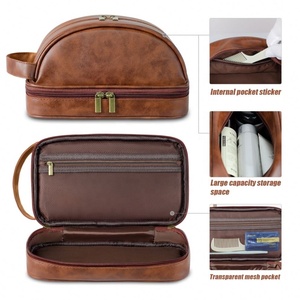 Vente en gros Sac de rangement de voyage portable Trousse de toilette étanche multifonctionnelle Trousse de maquillage rétro en cuir PU personnalisée avec logo - Product Image 4